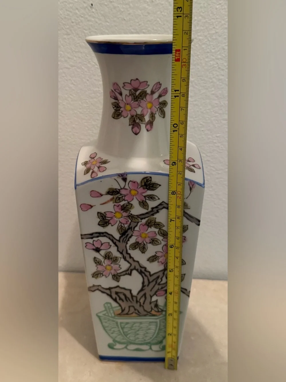 Japanese 12.25” vase. White porcelain hand-painted cherry blossoms & gold rim.
